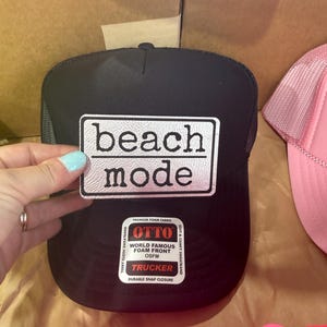 Beach Mode-trucker hat with leather patches-patch hat-bachelorette party hats-vacation hats-girls trip hat