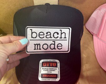Beach Mode-trucker hat with leather patches-patch hat-bachelorette party hats-vacation hats-girls trip hat