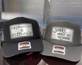 Expensive & Difficult-trucker hat with leather patches-patch hat-bachelorette party hats-vacation hats-girls trip hat