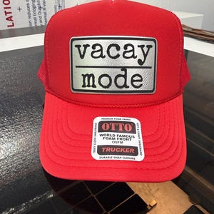 Vacay Mode -trucker hat with leather patches-patch hat-bachelorette party hats-vacation hats-girls trip hat