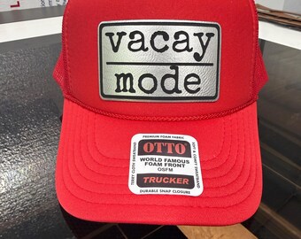 Vacay Mode -trucker hat with leather patches-patch hat-bachelorette party hats-vacation hats-girls trip hat