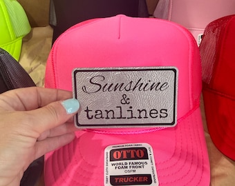 Sunshine & Tanlines -trucker hat with leather patches-patch hat-bachelorette party hats-vacation hats-girls trip hat