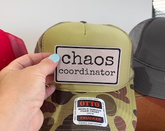 Chaos Coordinator-trucker hat with leather patches-patch hat-bachelorette party hats-vacation hats-girls trip hat