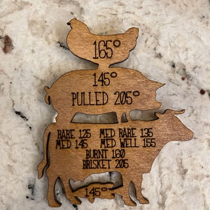 May include: Wooden cutout of a chicken, pig, and cow with internal temperature guidelines for cooking. The chicken has a temperature of 165 degrees, the pig has a temperature of 145 degrees and a pulled pork temperature of 205 degrees. The cow has a rare temperature of 125 degrees, a medium rare temperature of 135 degrees, a medium temperature of 145 degrees, a medium well temperature of 155 degrees, a burnt temperature of 160 degrees, and a brisket temperature of 205 degrees.