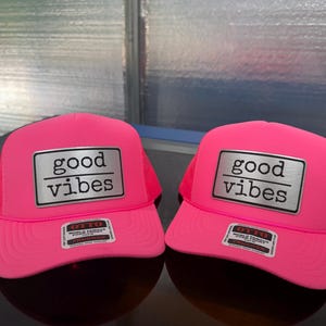 Good Vibes -trucker hat with leather patches-patch hat-bachelorette party hats-vacation hats-girls trip hat