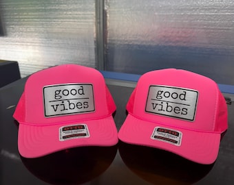 Good Vibes -trucker hat with leather patches-patch hat-bachelorette party hats-vacation hats-girls trip hat