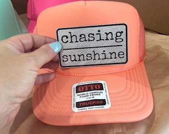 Chasing Sunshine -trucker hat with leather patches-patch hat-bachelorette party hats-vacation hats-girls trip hat