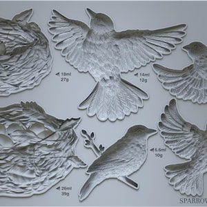 May include: A gray decorative mold featuring bird nests and sparrow designs. The image includes various bird figures with outstretched wings and nests with eggs. Measurements are provided in milliliters and grams.
