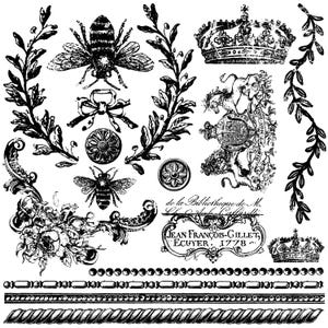 May include: Black and white vintage-style illustrations of bees, crowns, floral elements, and decorative borders. Includes text: "JEAN FRANÇOIS-GILLET, ECUYER. 1778" and "de la Bibliotheque de M."