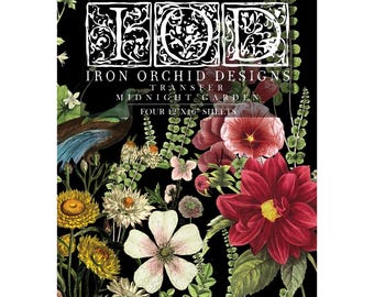 May include: A black background with a floral design and the text "IOD IRON ORCHID DESIGNS TRANSFER MIDNIGHT GARDEN FOUR 12" X 16" SHEETS". The image features a variety of flowers in shades of red, yellow, white, and pink.
