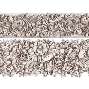 May include: Two decorative, off-white floral relief panels. The top panel features scrolling leaves and flowers. The bottom panel showcases a variety of roses, daisies, and other blossoms. The carvings are detailed and create a three-dimensional effect.
