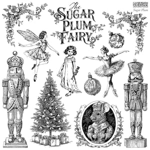 May include: Black and white illustration featuring elements of The Sugar Plum Fairy. Includes a Christmas tree, nutcrackers, a fairy, a ballerina, ornaments, a girl, and a mouse in a frame. The Sugar Plum Fairy text is at the top.