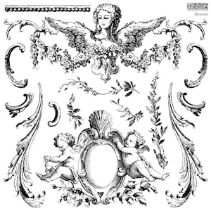 May include: Black and white vintage illustration of a cherub holding a shell, surrounded by ornate floral and scroll designs. The illustration is part of a larger set of decorative elements.