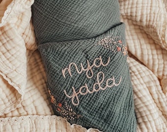 Personalized Hand Embroidered Baby Swaddle Blanket with Name and Floral Spray - Cotton Muslin