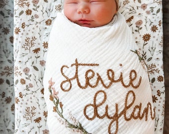 Personalized Hand Embroidered Baby Swaddle Blanket With Name and