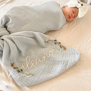 Personalized Hand Embroidered Baby Swaddle Blanket with Name and Floral Spray Cotton Muslin As "Eleanor"
