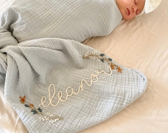 Personalized Hand Embroidered Baby Swaddle Blanket with Name and Floral Spray - Cotton Muslin