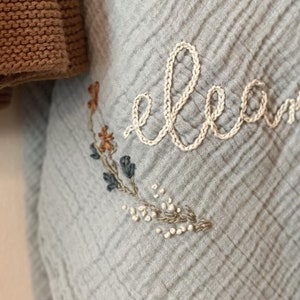 Personalized Hand Embroidered Baby Swaddle Blanket with Name and Floral Spray Cotton Muslin As "Eleanor"