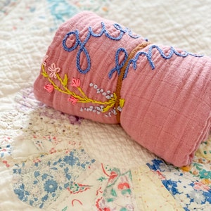 Personalized Hand Embroidered Baby Swaddle Blanket with Name and Floral Spray Cotton Muslin image 5