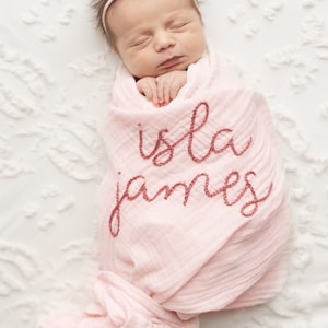 Personalized Hand Embroidered Baby Swaddle Blanket - Cotton Muslin