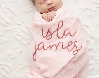 Personalized Hand Embroidered Baby Swaddle Blanket - Cotton Muslin