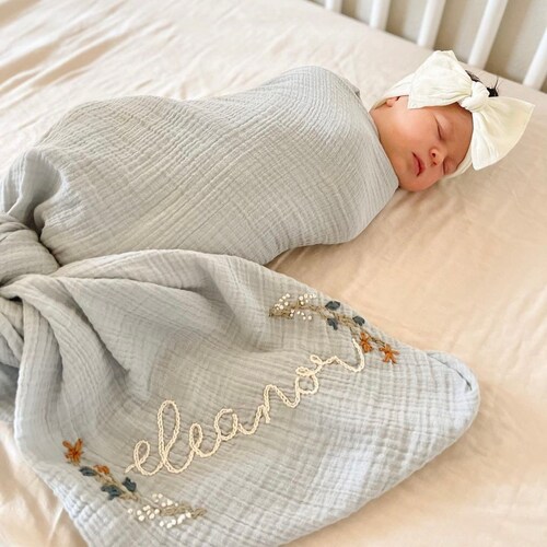 Personalized Baby Swaddle Blanket Hand Embroidered Monogram Etsy