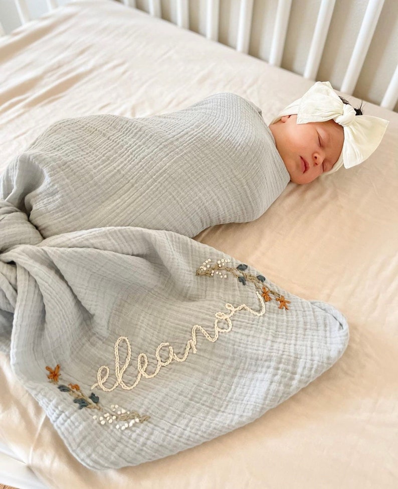 Personalized Hand Embroidered Baby Swaddle Blanket with Name and Floral Spray Cotton Muslin As "Eleanor"