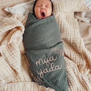 Personalized Hand Embroidered Baby Swaddle Blanket with Name and Floral Spray Cotton Muslin image 10