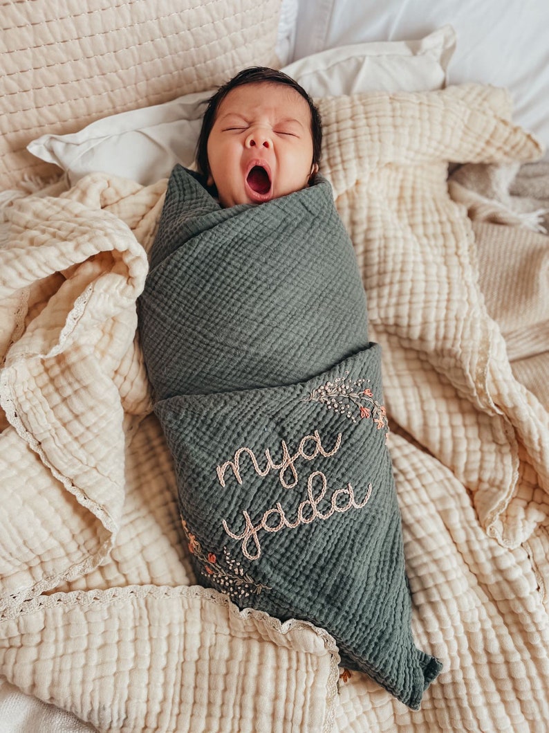 Personalized Hand Embroidered Baby Swaddle Blanket with Name and Floral Spray Cotton Muslin image 10
