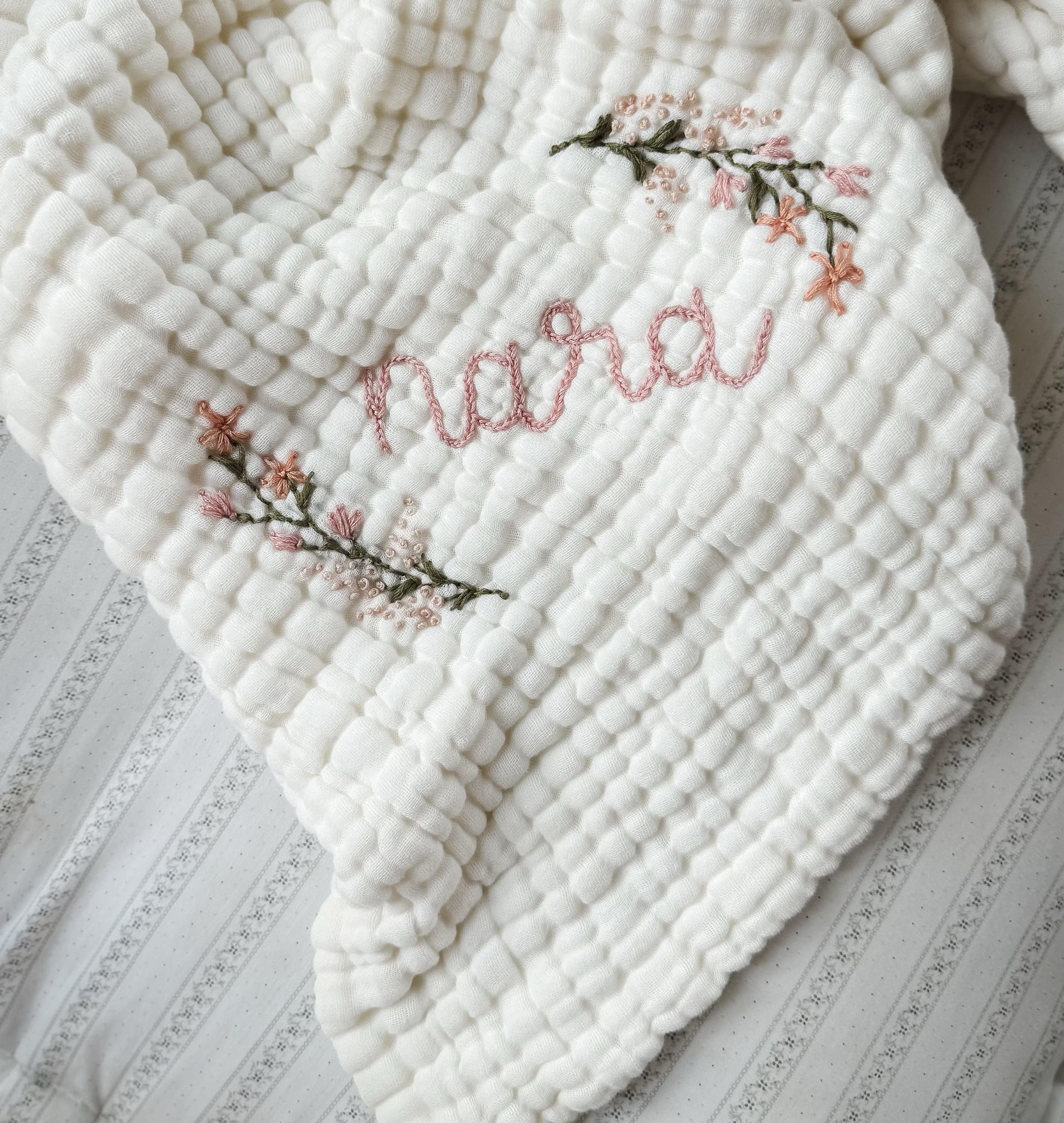PRE-ORDER 9-Layer Muslin Quilt with hand embroidery - baby blanket , crib quilt, toddler, embroidered name