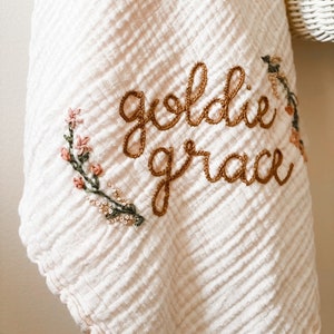 Personalized Hand Embroidered Baby Swaddle Blanket with Name and Floral Spray Cotton Muslin As "Goldie Grace"