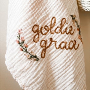 Personalized Hand Embroidered Baby Swaddle Blanket with Name and Floral Spray Cotton Muslin image 1