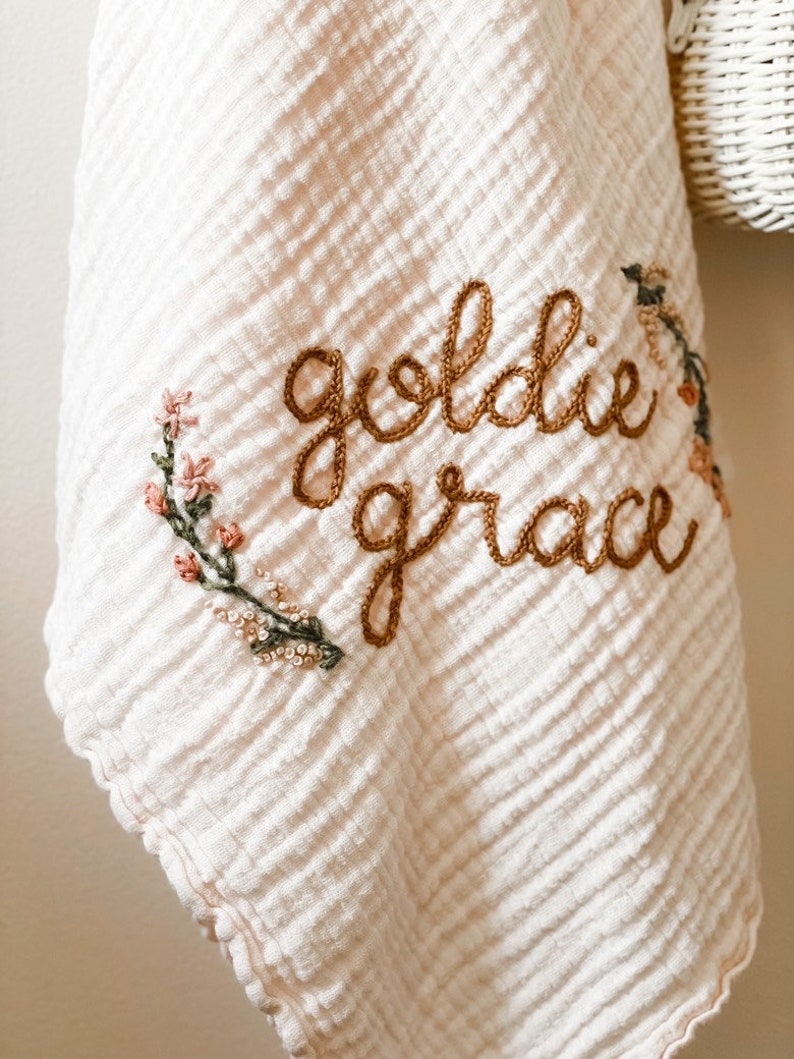 Personalized Hand Embroidered Baby Swaddle Blanket with Name and Floral Spray Cotton Muslin As "Goldie Grace"