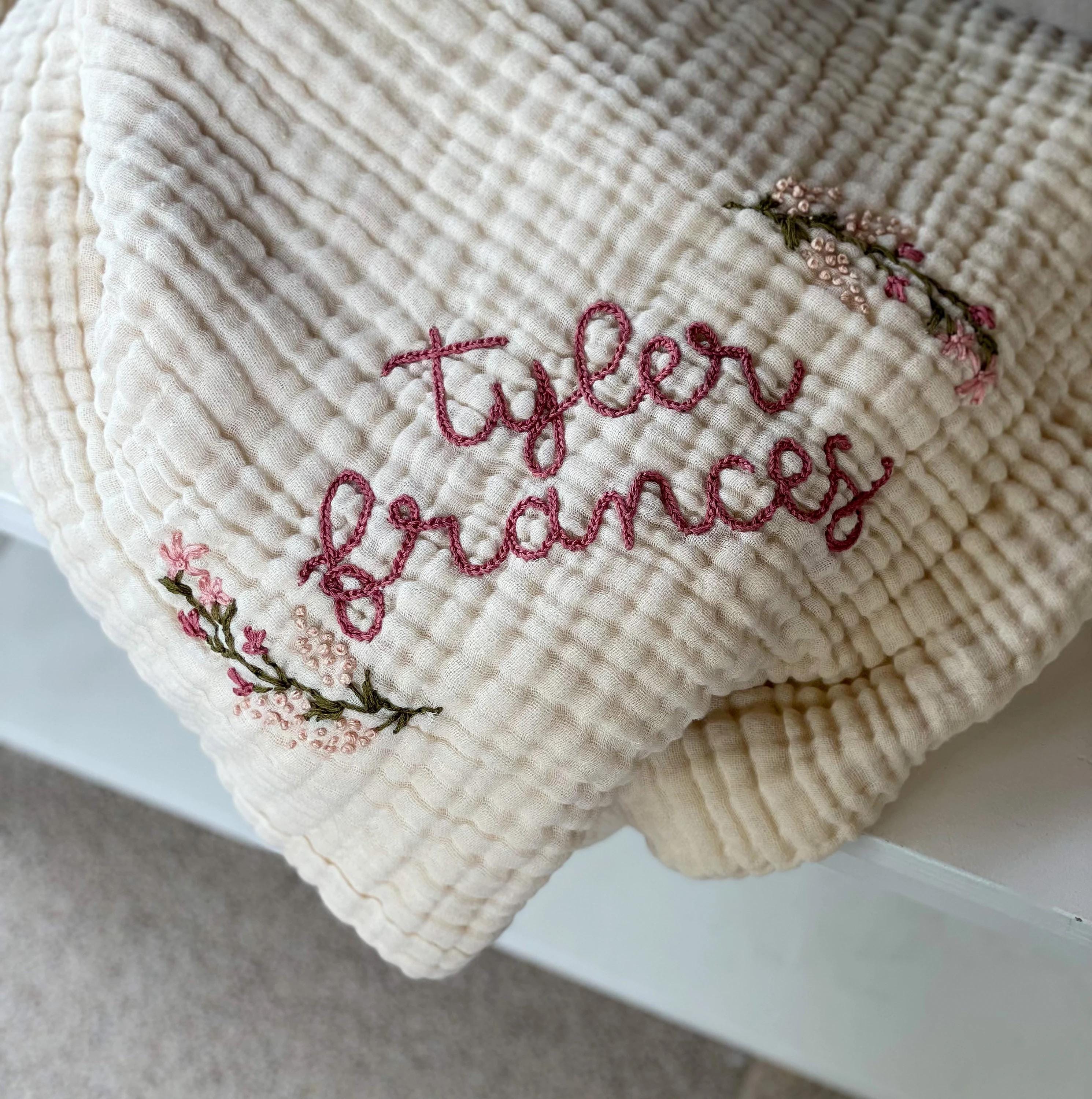 PRE-ORDER 9-Layer Muslin Quilt with hand embroidery - baby blanket , crib quilt, toddler, embroidered name