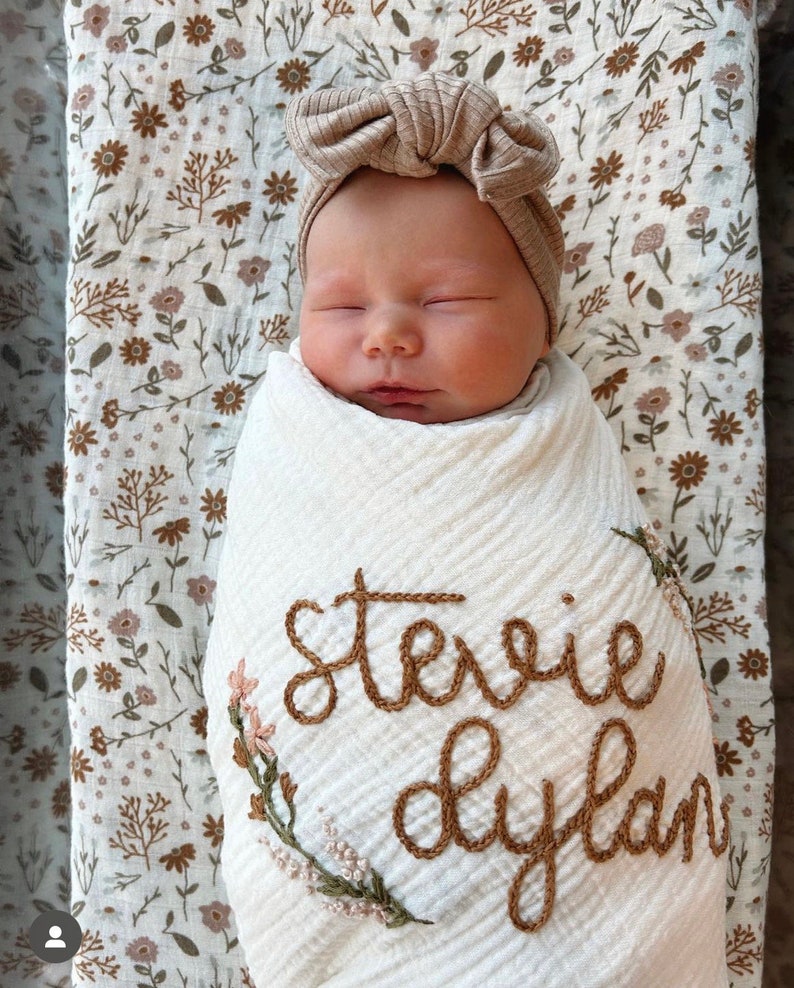 Personalized Hand Embroidered Baby Swaddle Blanket with Name and Floral Spray Cotton Muslin As "Stevie Dylan"