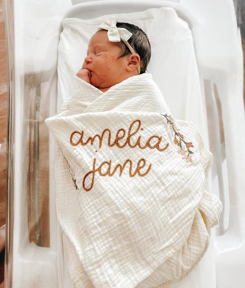 Personalized Hand Embroidered Baby Swaddle Blanket with Name and Floral Spray Cotton Muslin image 2