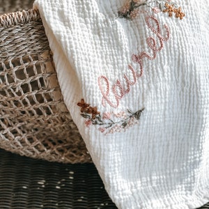 Personalized Hand Embroidered Baby Swaddle Blanket with Name and Floral Spray Cotton Muslin As "Laurel"