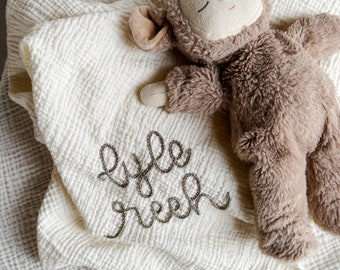 Personalized Hand Embroidered Baby Swaddle Blanket - Cotton Muslin