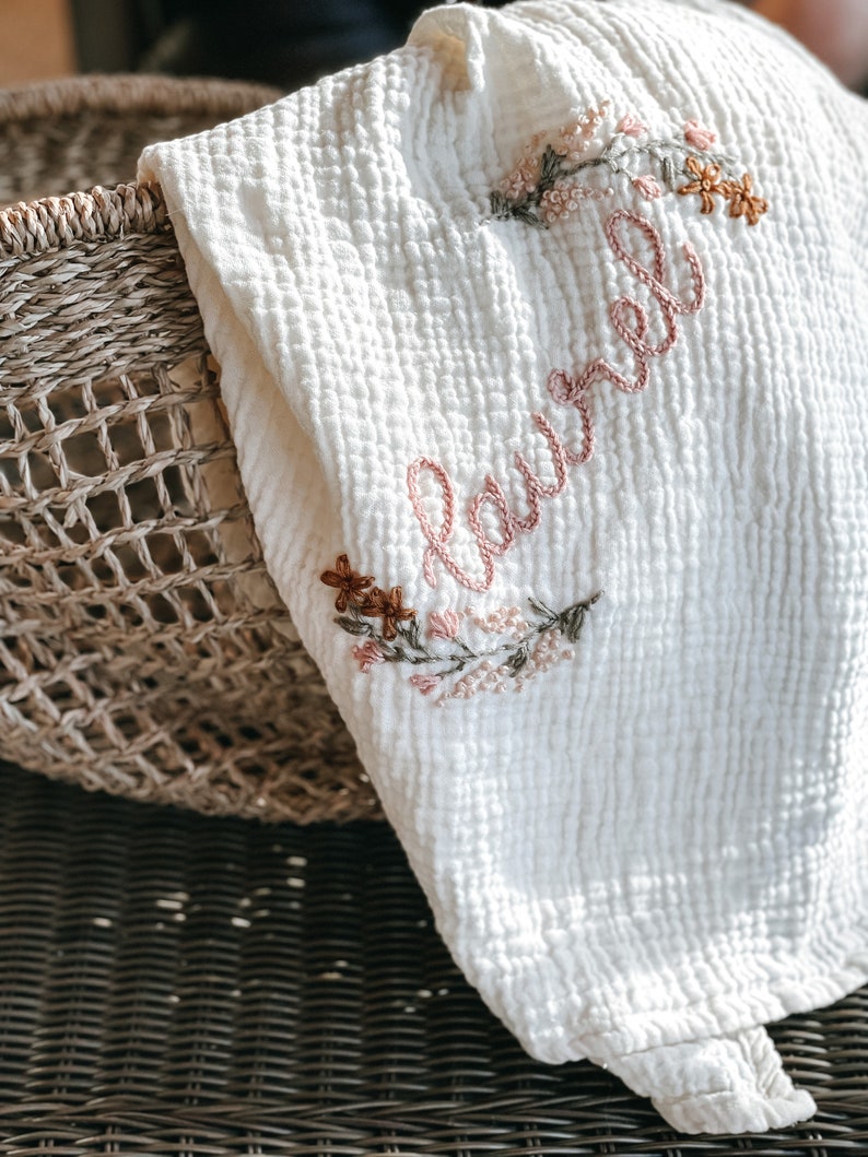 Personalized Hand Embroidered Baby Swaddle Blanket with Name and Floral Spray Cotton Muslin image 3