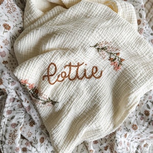 Personalized Hand Embroidered Baby Swaddle Blanket with Name and Floral Spray Cotton Muslin image 10