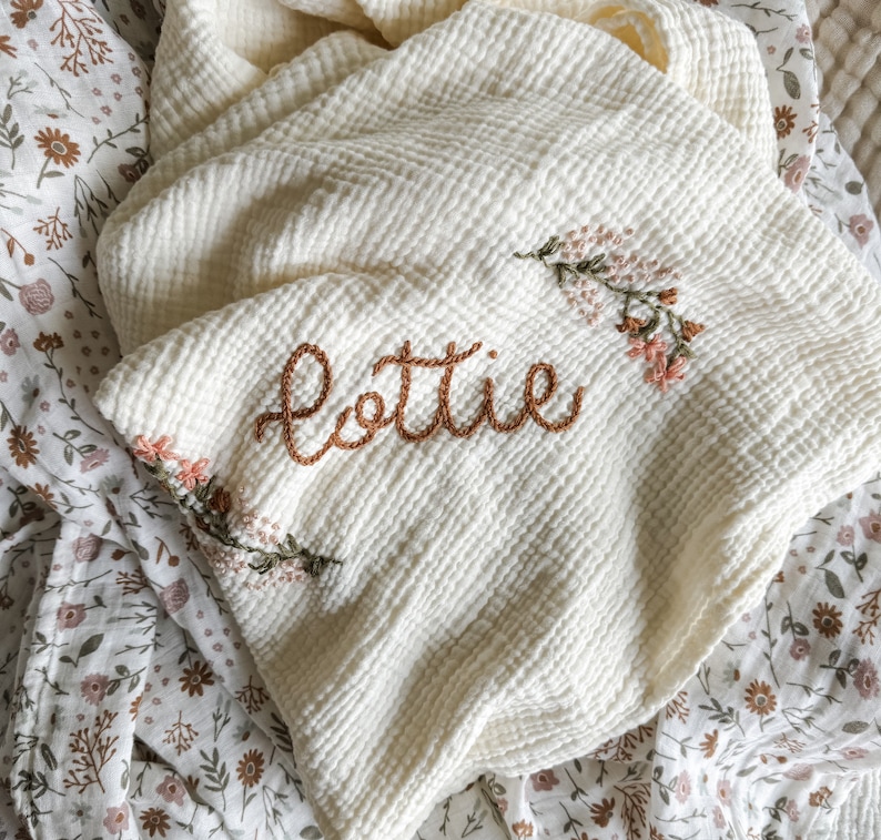 Personalized Hand Embroidered Baby Swaddle Blanket with Name and Floral Spray Cotton Muslin image 10