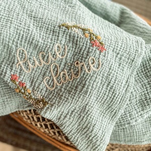 Personalized Hand Embroidered Baby Swaddle Blanket with Name and Floral Spray Cotton Muslin As "Lucie Claire"