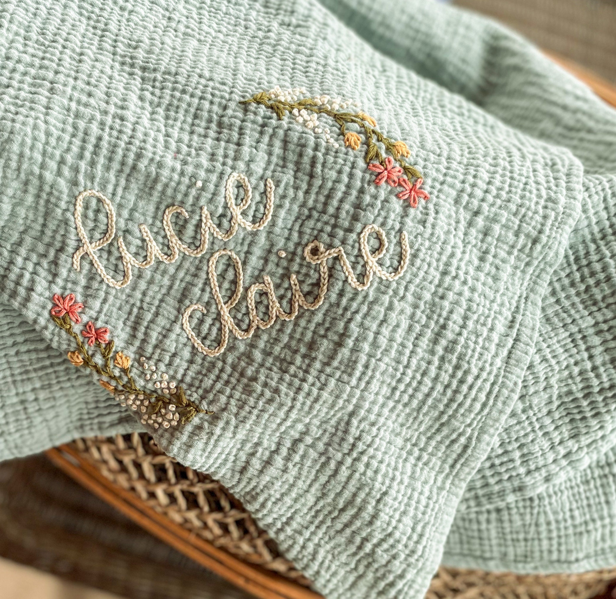 Personalized Hand Embroidered Baby Swaddle Blanket with Name and Floral Spray - Cotton Muslin
