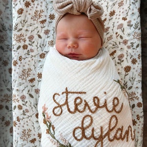 Personalized Hand Embroidered Baby Swaddle Blanket with Name and Floral Spray Cotton Muslin image 2