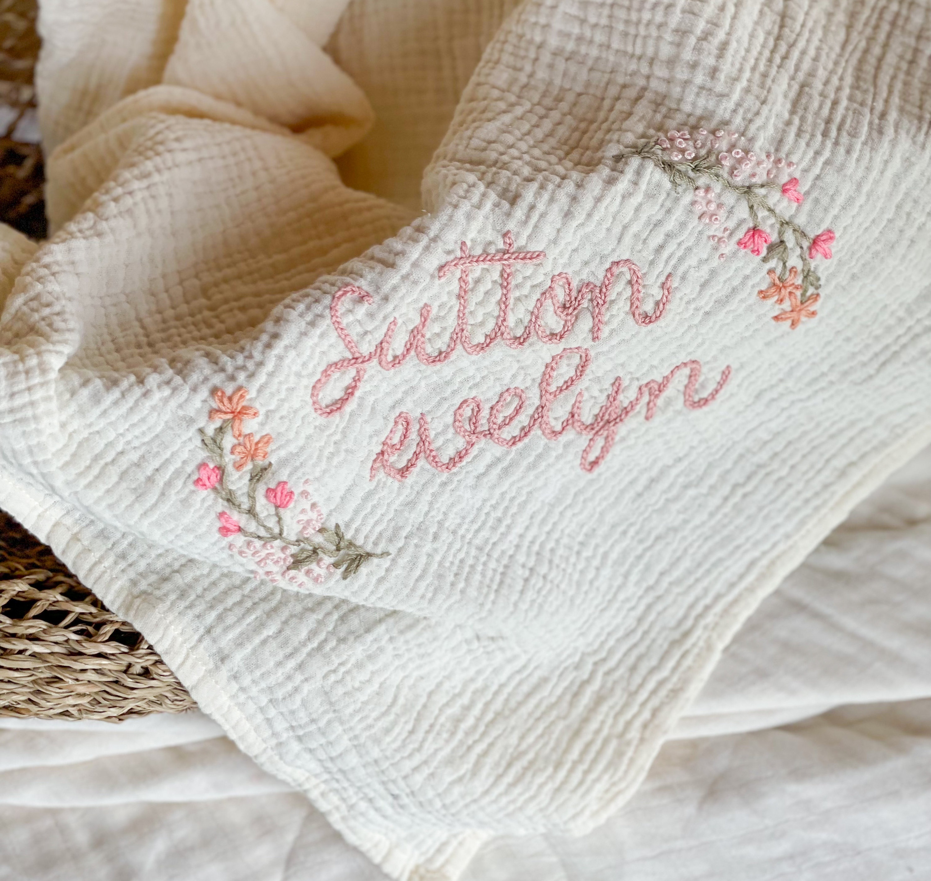 Personalized Hand Embroidered Baby Swaddle Blanket with Name and Floral Spray - Cotton Muslin