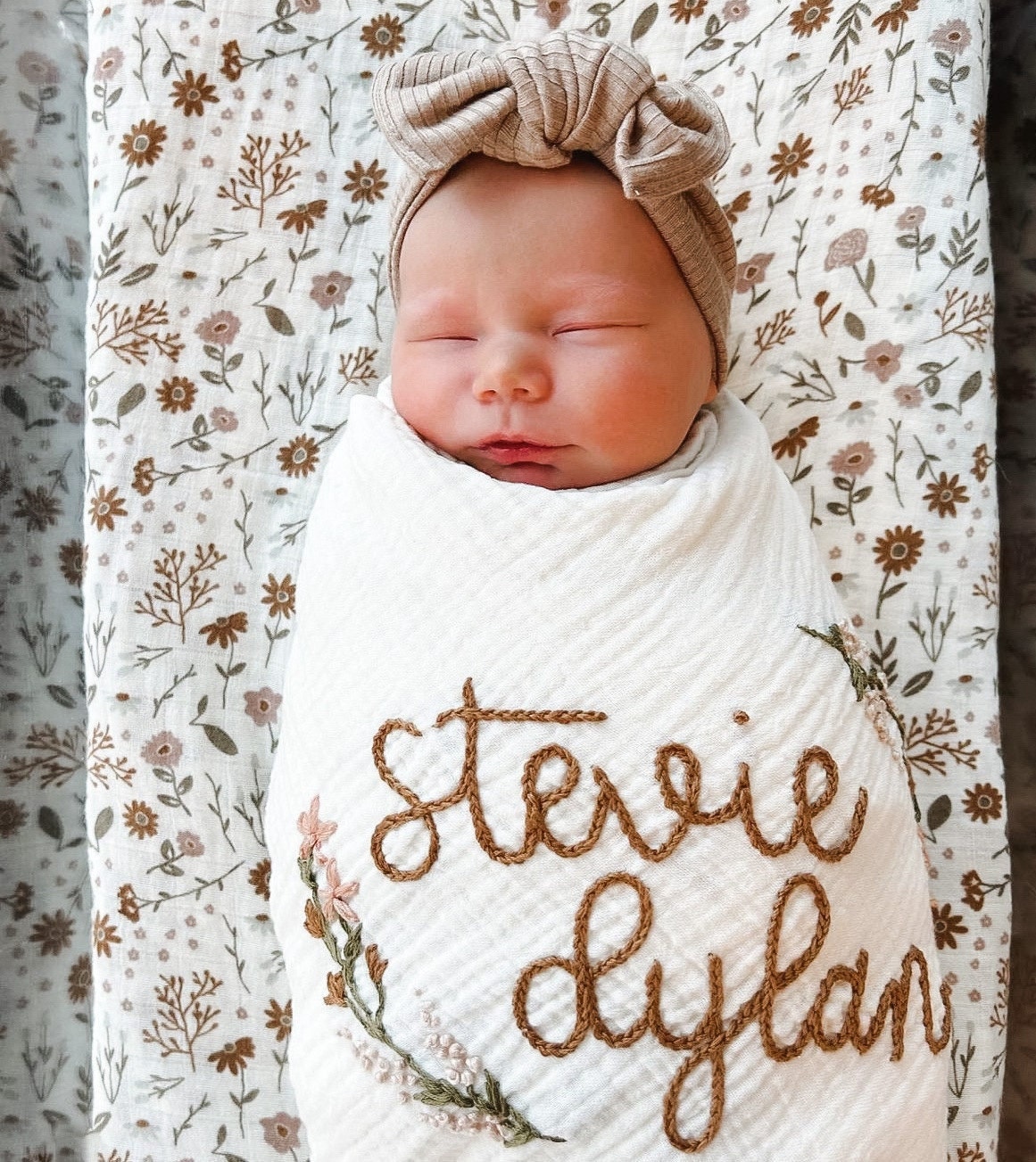 Personalized Hand Embroidered Baby Swaddle Blanket With Name and Floral Spray Cotton Muslin Etsy