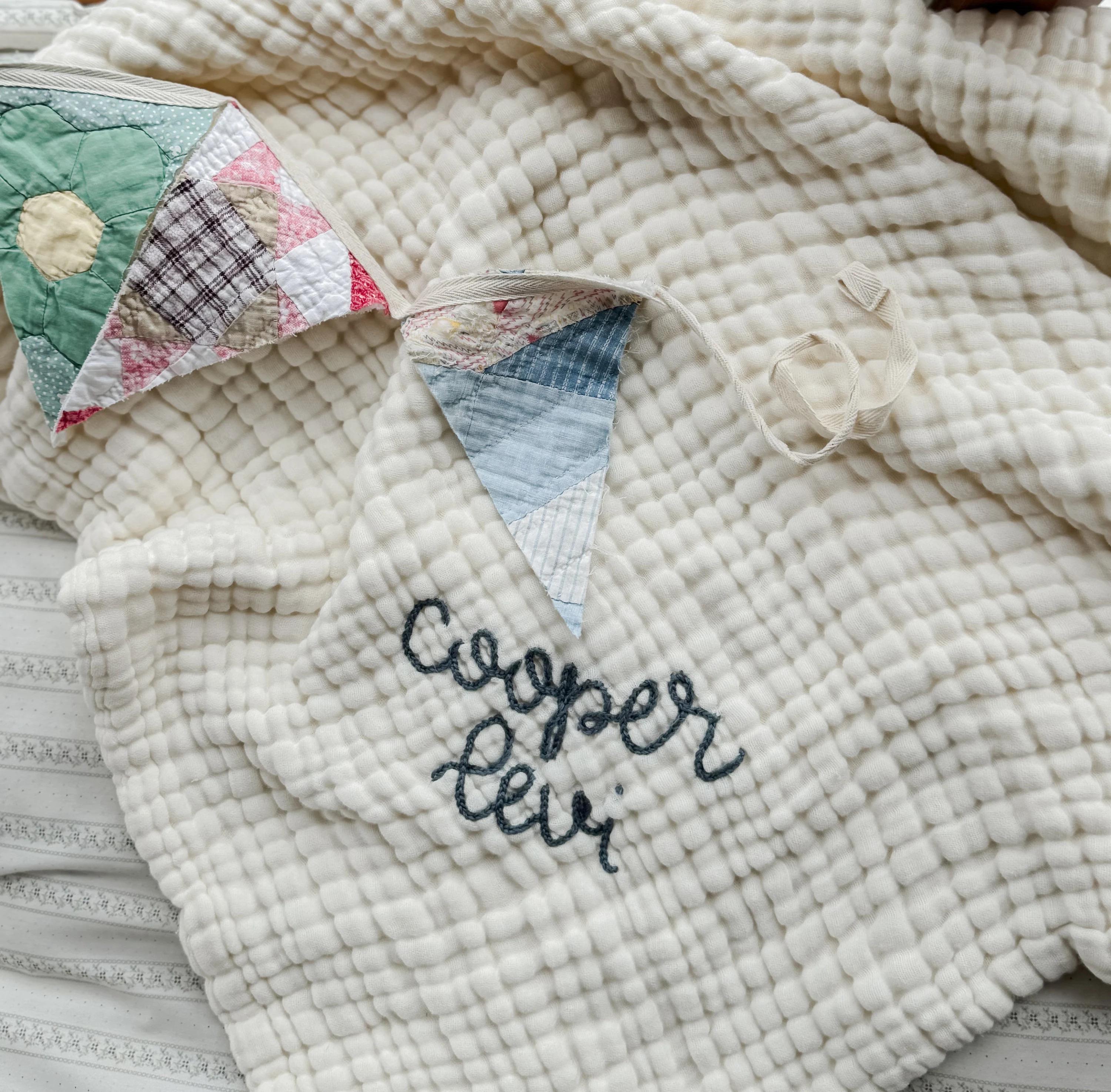 PRE-ORDER 9-Layer Muslin Quilt with hand embroidery - baby blanket , crib quilt, toddler, embroidered name