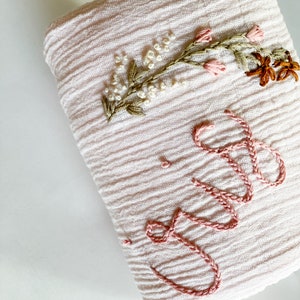 Personalized Hand Embroidered Baby Swaddle Blanket with Name and Floral Spray Cotton Muslin image 9