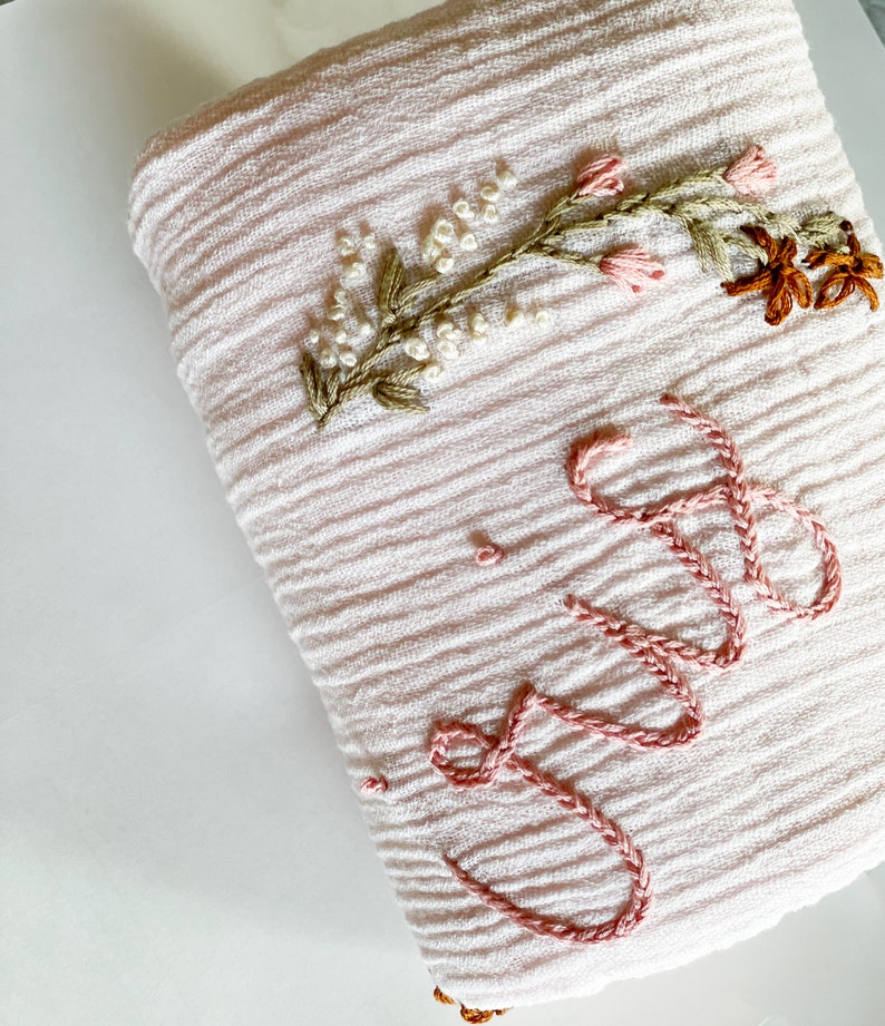 Personalized Hand Embroidered Baby Swaddle Blanket with Name and Floral Spray Cotton Muslin As "Iris"