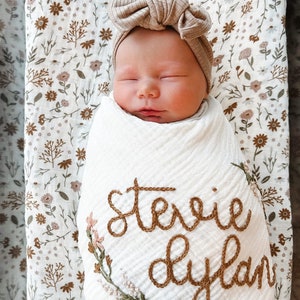 Personalized Hand Embroidered Baby Swaddle Blanket with Name and Floral Spray Cotton Muslin image 1